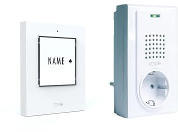 m-e Funkklingel BELL-5012 W, für 1-Familienhaus, Kunststoff weiß Klingeltaster und 1 Türglocken für Steckdose | Erweiterbare kabellose Funk-Türklingel | 250 Meter Funk-Reichweite