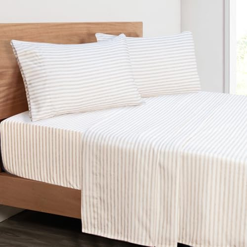 Mejoroom Gestreiftes Queen-Size-Bettlaken-Set, luxuriöse Hotel-Bettwäsche, 1800 Bettlaken und Kissenbezüge, tiefes Spannbetttuch, weich, atmungsaktiv, Knitter- und lichtbeständig, 4-teilig, Beige