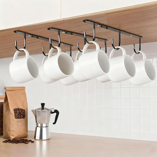 DEPAOTLUX 2pcs Mug Hooks,Under Cabinet Mug Holder, Coffee Cups Hook,Mug Hanger Organizer Rack with 9 Hooks for Displaying Mugs, Cups and Kitchen Utensils (Black)