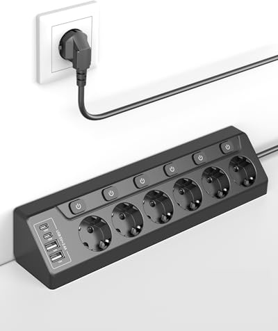 Ecksteckdosen-Steckdosenleiste, einzeln schaltbar, 6 Fach mit 4 USB (2X USB-C + 2X USB-A), Überspannungsschutz, Berührungsschutz, 2m Kabel, 3680W für Küche, Büro und Haushalt