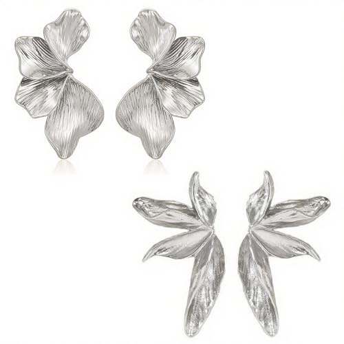 xolear 2 Paar Acryl Blumen Ohrringe Gold, Große Goldene Blumenohrringe, Blütenblatt Ohrstecker, Statement Earrings, Blumen ohrstecker gold für Frauen und Mädchen kann als Geschenk verwendet werden