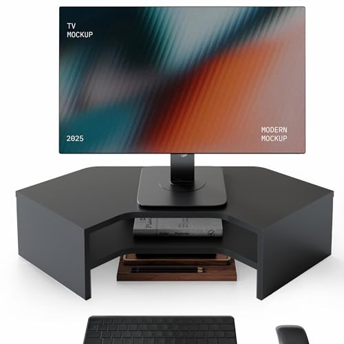 Fenge Monitor Stand, L-shaped for Corner Laptop PC TV, Monitor Riser, Black | For Screen Computer Printer Office Home, 2 Tiers, Non-slip Pads, Desk Shelf Organizer, Cable Mgmt, Compartmentalized Storage