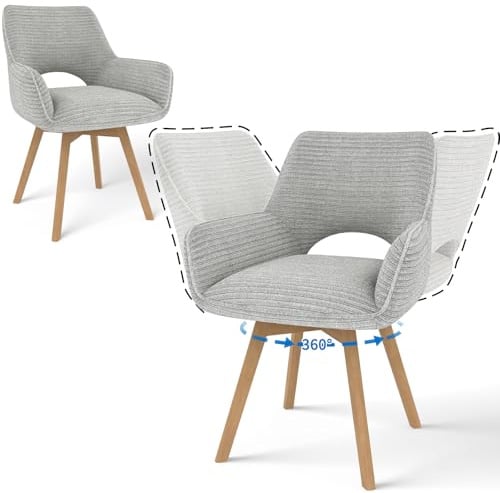 JIJIAN 2er Set Esszimmerstuhl Drehbar mit Armlehne und Holzbeinen, 360° Drehbar, Moderner Polsterstuhl mit Stoffrückenlehne für Küche, Wohnzimmer, Schlafzimmer, Grau