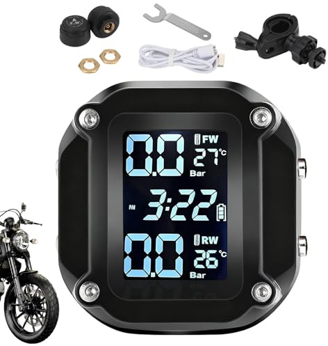 Tire Pressure Monitor for Motorcycle – LCD Display Motorbike Detector, Waterproof Real-Time Pressure System with External Sensor | Essential Safety Device for Motorcycle Bike ATV Scooter Riding