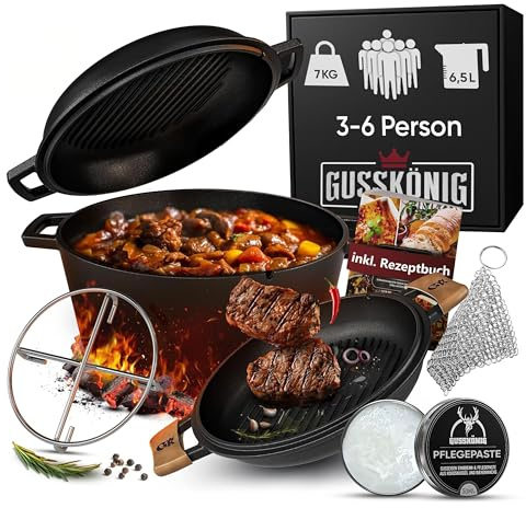 GUSSKÖNIG Dutch Oven–2in1 Eingebrannter Gusseisen Topf 4,8 L & Gusspfanne 1,8 L–Dutch Oven Set mit Schmortopf Doppelfunktion–Ringreiniger, Pflegepaste, Untersetzer, Echtleder Griffen–30 Jahre Garantie
