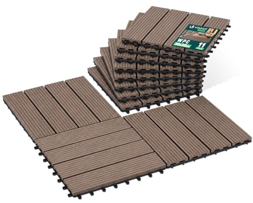 VOUNOT® 11 Stück WPC Terrassenfliesen 30x30 cm, Klickfliesen Outdoor Fliesen Balkonfliesen wetterfest mit Drainagefunktion, Bodenbelag rutschfest & zuschneidbar für Balkon & Terrasse, Braun