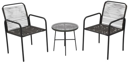 DEGAMO Bistroset Salinas 3-teilig, Gestell Stahl anthrazit + Rope grau, Tischplatte Sicherheitsglas, Outdoor, Moderne Optik