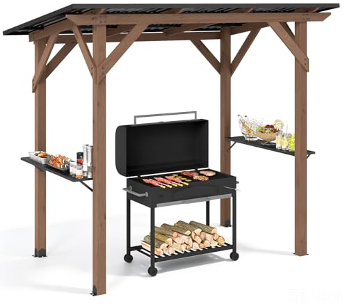COSTWAY Gazebo per Barbecue, Gazebo Giardino in Legno di Abete Resistente | 2 Ripiani Laterali Portaoggetti, Tettoia Inclinata in Metallo, Pergola BBQ per Terrazzo e Patio, 263 x 151 x 223 cm