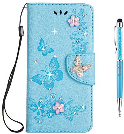 Grandoin iPhone 8 Plus Case,iPhone 7 Plus Case, Floral Bling Sparkly Diamonds Gems Butterfly Pattern Design Premium PU Leather Magnetic Flip Cover Case For Apple iPhone 7/8 Plus (Blue)