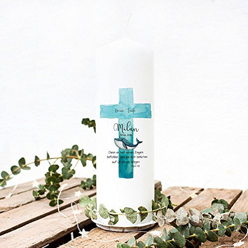 Taufkerze Kerze zur Taufe oder Geburt Kommunionkerze Kreuz blau mit Wal Spruch Wunschname & Datum wk42 ilka parey wandtattoo-welt®