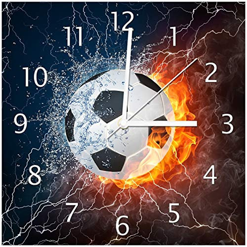 Wallario Design-Wanduhr Fußball - Feuer und Wasser aus Glas, Motiv-Uhr Größe 30 x 30 cm, weiße Zeiger