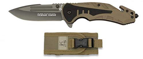 Navaja K25 Coyote G10 Hoja 8,7 cm Clip para Caza, Pesca, Camping, Outdoor, Supervivencia y Bushcraft K25 18318 + Portabotellas de regalo