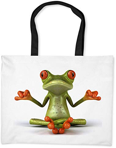 Merchandise for Fans Einkaufstasche - 50 x 38 cm, 19 Liter Schwarze Henkel - Motiv: 3D Comic Frosch bei Yoga/Meditation - 01