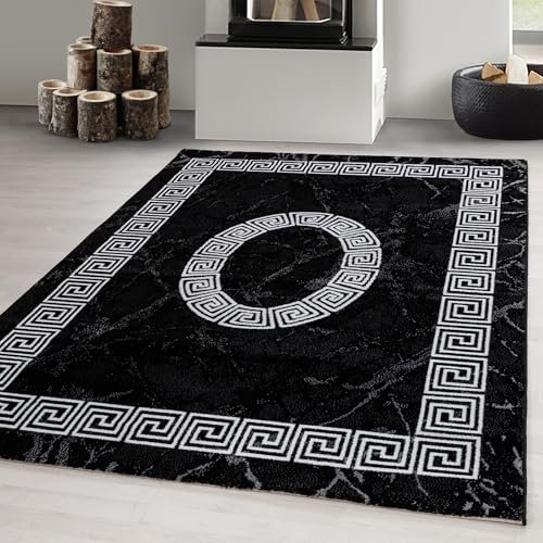 Carpetsale24 Teppich Wohnzimmer Marmor Optik mit Mäander Bordüre Muster Schwarz Meliert 120 x 170 cm - Kurzflor Teppich Schlafzimmer Pflegeleicht und Extra Weich Teppich Küche Esszimmer Kinderzimmer
