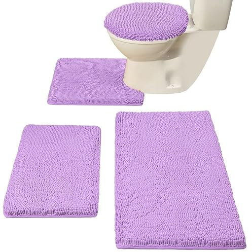 Madeals Chenille Badteppich-Set 4-teilig mit WC-Deckelbezug und Vorleger Set Combo, Soft Shaggy Badvorleger Set 3-teilig und U-förmiger WC-Bodenteppich Lavendel