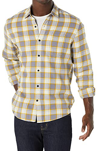 Amazon Essentials Men's Long-Sleeve Flannel Shirt (Available in Big & Tall), Grey Yellow Plaid, M