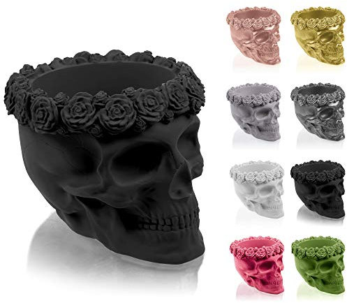 CONCRETTE Blumentopf aus Beton Skull Flowers | Ø 11 cm | Black Matt | Zement-Pflanzkübel | Handgefertigt in der EU