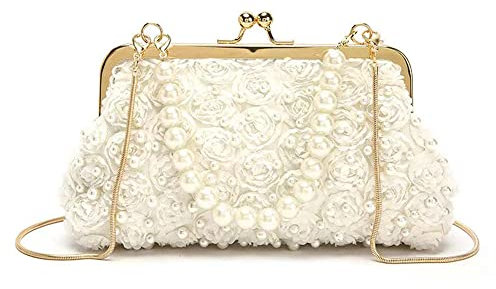 Damen-Clutch, Abendtasche, Vintage, Perle, Hochzeit, Handtasche, Abendessen, für Brautparty, C-weiß, Medium