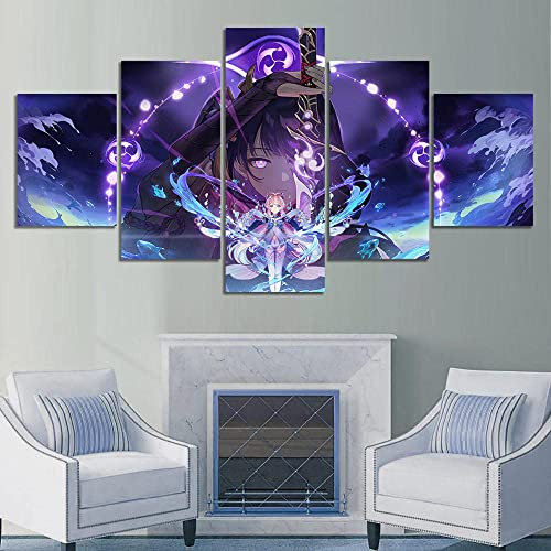 Wondbeau Leinwanddrucke Modulare Wandkunst Wandaufkleber 5 Teiliges Wandbild Druck auf Leinwand Malerei Moderne Abstrakte Poster Mit Rahmen L/150cm×80cm Raiden Shogun Kokomi Genshin Impact