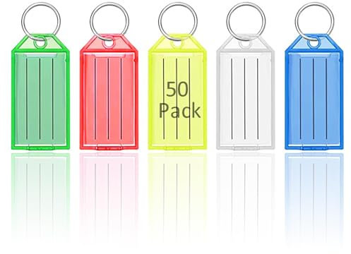 Dmjia Schlüsselanhänger Beschriftbar Schlüssel Anhänger Schlüsselschilder 50 Stück 5 Farben Schlüsselanhänger Zum Beschriften Papier mit leeren Etiketten für Zuhause, Büros, Pet ID, Koffer