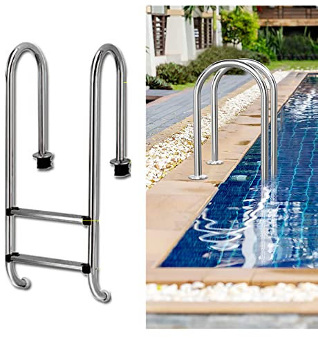Lsoiup Escalera para Piscina enterrada de 2 peldaños, Metal, Pulido de Acero Inoxidable, Antideslizante (Carga máxima de 200 kg, Acero Inoxidable, diámetro de tubería de 4,2 cm)
