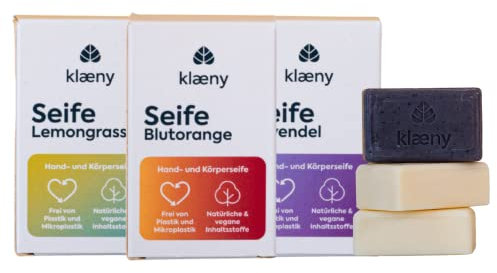 klæny® Feste Hand- & Körperseife 3er-Set je 100g I Bio Seife auf Basis natürlicher Öle I festes Seifenstück vegan & biologisch abbaubar I Plastikfrei & ohne Palmöl