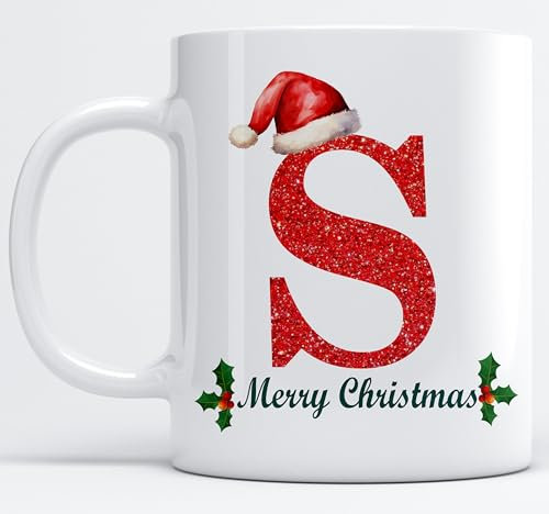 EKAM Personalised Mug Alphabet Letter S - Initial Mug with Letters - 11oz Ceramic Coffee/Tea Cup Gift for Christmas, Birthday, Secret Santa, Mother’s Day or Father’s Day Gift (Black - S)