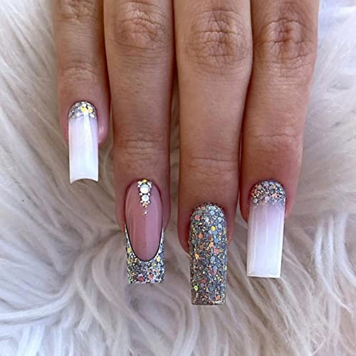 JUSTOTRY 24 Pcs Fake Nails Jewels Long,Pink French Press on Nails Patterns, Pretty Glitter Ballerina Stick on Nail for Women, Acrylic Coffin False Nail Medium for Nail Art