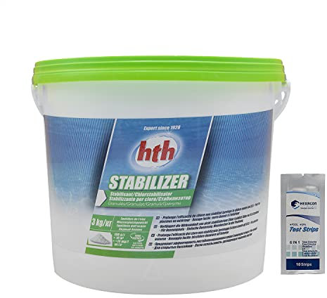 HTH STABILIZER Granulés - 3kg | Stabilisant/Stabilisateur du Chlore + 10 Tests HPS OFFERTS 6 en 1