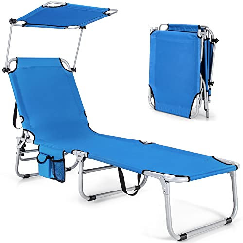 GIANTEX Tumbona Plegable Ajustable de 5 Posiciones, Tumbona de Sol Reclinable Ergonomía con Parasol y Bolsillo de Almacenamiento Lateral, Sillón de Jardín Carga Máx. 150 kg (Azul)