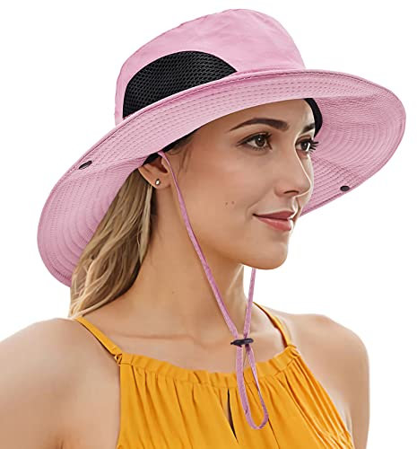 Durio Sonnenhut Herren Damen Fischerhut Outdoor Wasserdicht Gartenhut Anglerhut UV Schutz Breite Krempe Faltbar Sommerhut Rosa Einheitsgröße
