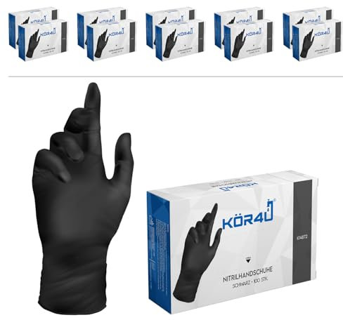 kör4u Nitrilhandschuhe, 1000 Stück, puderfrei, latexfrei, Einweghandschuhe, Einmalhandschuhe, Lebensmittelhandschuhe (Schwarz, S)