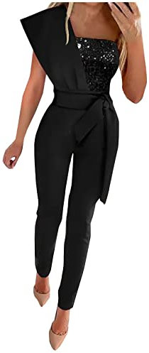 EMATOP Jumpsuits für Damen Elegant Einteiler Overall Lang Einfarbig Hosenanzug mit Glitzer Playsuit Hohe Taille Vintage Latzhose mit Gürtel Arbeitshose Slim Fit Strampler Frauen Spielanzug