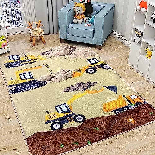 USTIDE Kinder-Teppich, 100 x 150 cm, weiche Konstruktion, Spielmatte, waschbar, Cartoon-Bagger, Jungen, Schlafzimmer, Teppich, Baby, Krabbel-Spielmatte, Kinderzimmerteppich
