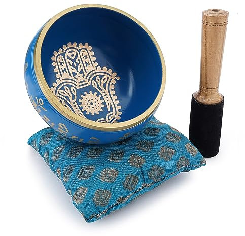 Ajuny Cuenco budista tibetano para cantar, mano Hamsa Fatima, sonido de meditacion de campana OM azul, accesorios de relajacion y meditacion de 4 pulgadas de diametro, palo y cojin incluidos