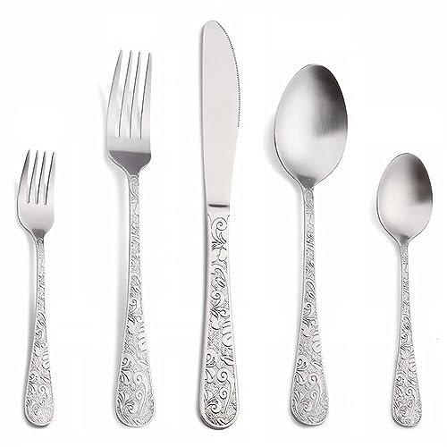 ESSONIO Matte Cutlery Set for 8 Premium Stainless Steel Flatware Set Delicate Engraved Floral Decoration 40 Piece Include Knives Forks and Spoons Cutlery Utensils Set for Home Kitchen Party