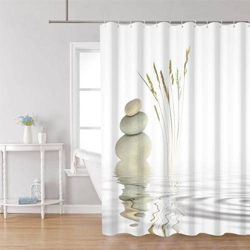 Uiiooazy Duschvorhang 180x220cm, Duschvorhang Anti Schimmel Spa Steine Grau Pebble Zen Landschaft Motiv Duschvorhänge Stoff Waschbar Wasserdicht Polyester Bad Vorhang mit 12 Haken für Badezimmer