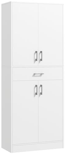 HOMCOM Alacena de Cocina con 4 Puertas 1 Cajón y Estantes Ajustables Antivuelco Armario de Cocina Moderno para Comedor Salón 70,8x34x180 cm Blanco y Plata