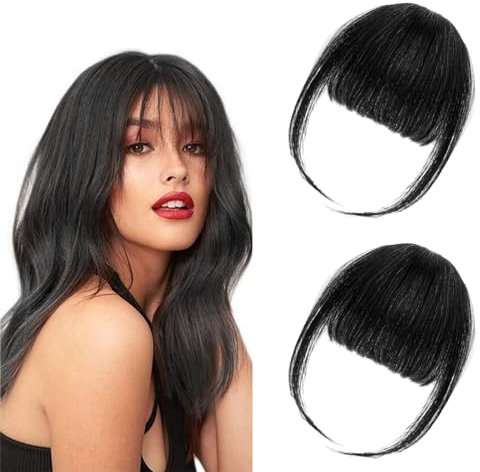 Clip in Pony Echthaar,2pcs Clip in Pony,Pony Haarteil,Pony Echthaar Clip,Remy Human Hair Schwarz Clip in Bangs,Haarverlängerung Clip in Pony,Bangs Clip in Pony Haarverlängerungen (Schwarz)