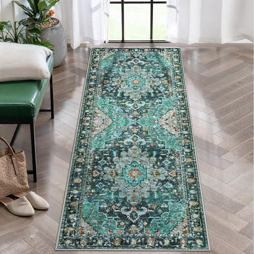 Ciicool Waschbarer Läufer, rutschfest, 60 x 150 cm, Blaugrün, für Flur, Vintage, Küche, Teppichläufer für Schlafzimmer, Waschküche, Badezimmer, Dekor