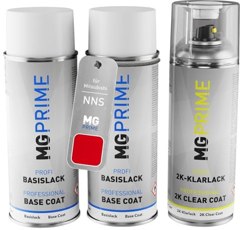 MG PRIME Autolack 2K Spraydosen Set für Mitsubishi NNS Red Solid Grundlack Basislack 2 Komponenten Klarlack Sprühdose