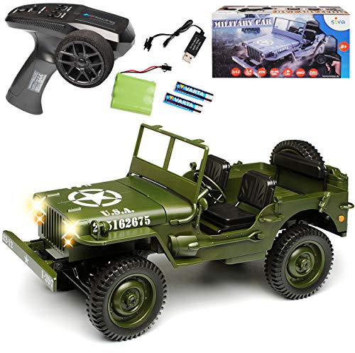 alles-meine.de GmbH Jeep Willys Truck Grün USA Army 2. Weltkrieg 2,4 GHz RC Funkauto mit Beleuchtung und Akkupack 1/12 Siva Modell Auto