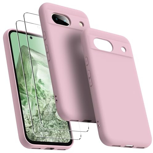 Oududianzi Coque pour Google Pixel 8a avec 2 Protecteurs D'écran en Verre Trempé, Housse de Téléphone Protectrice Slim en Silicone Liquide Antichoc pour Femmes/Hommes - Rosa