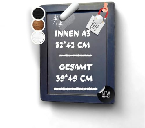 ELAFI® Magnetische Kreidetafel schwarz 28x37cm |Schreibtafel zum Aufhängen A4-Schreibfläche anthrazit schwarz|Schiefertafel mit Rahmen|Magnettafel aus Kiefernholz|Wandtafel & Jute Seil zum Aufhängen