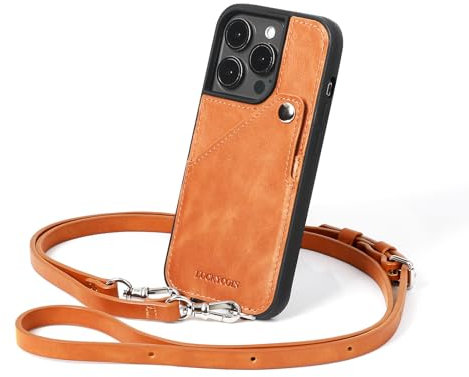 LUCKYCOIN Wallet Phone Case for iPhone 13 Pro with Wrist Strap/Card Holder,Fashion Travel Crossbody Case for Women,Genuine Leather Purse Cover for Girl,Pouch Case with Adjustable Neck Cord-Brown