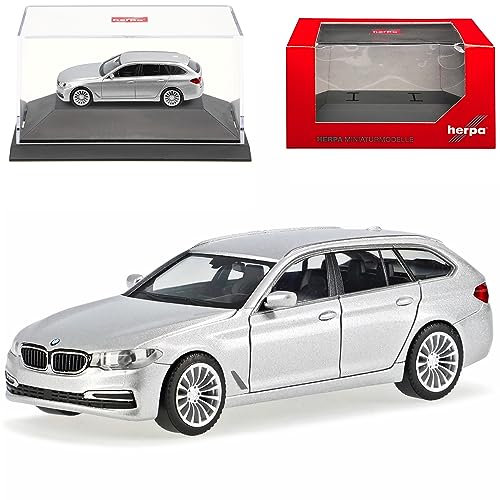 B*M*W 5er G31 Touring Kombi Silber 2017-2023 mit Sockel und Vitrine H0 1/87 Herpa Modell Auto mit individiuellem Wunschkennzeichen