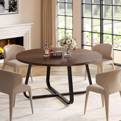 LVB Table de salle à manger ronde moderne en bois et métal, petite table de salle à manger industrielle pour 4 à 6 personnes, tables basses rondes pour la maison, la cuisine, le salon, noyer, 130 cm