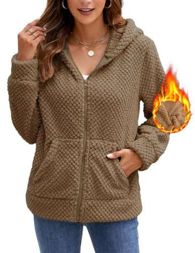 Yeenily Pile Felpe con Cappuccio Donna Invernale Maglione Pullover Hoodie Manica Lunga Cerniera Fleece Giacca Autunno Caldo Sweatshirt Cappotto con Tasca (Cachi, M)