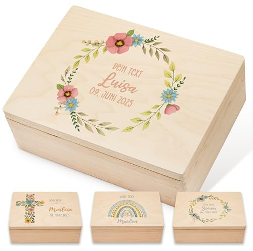 Lilletå ® Erinnerungsbox Taufe (001.09) - Blumenkranz - Erinnerungskiste Baby - Hochwertigem Farbdruck - Kind Erinnerungsbox Holz - Geschenk Geburt Mädchen Junge