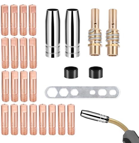 Bohoray 27 Stück Verschleißteile Set, Schweißzubehör mit 20 x Powerdüsen M6 0,6-1 mm, 2 x Gasdüsen, 2 x Düsenstiel, 2 x Isolatoren, 1 x Schraubenschlüssel, Schweißzubehör passend AK-15/MB-15
